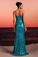 Sequined Spaghetti Strap Gown with Structured Corset Bodice