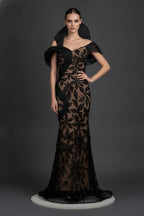 Architectural Pleated Off-Shoulder Gown with Floral Lace Overlay