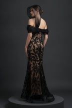 Architectural Pleated Off-Shoulder Gown with Floral Lace Overlay