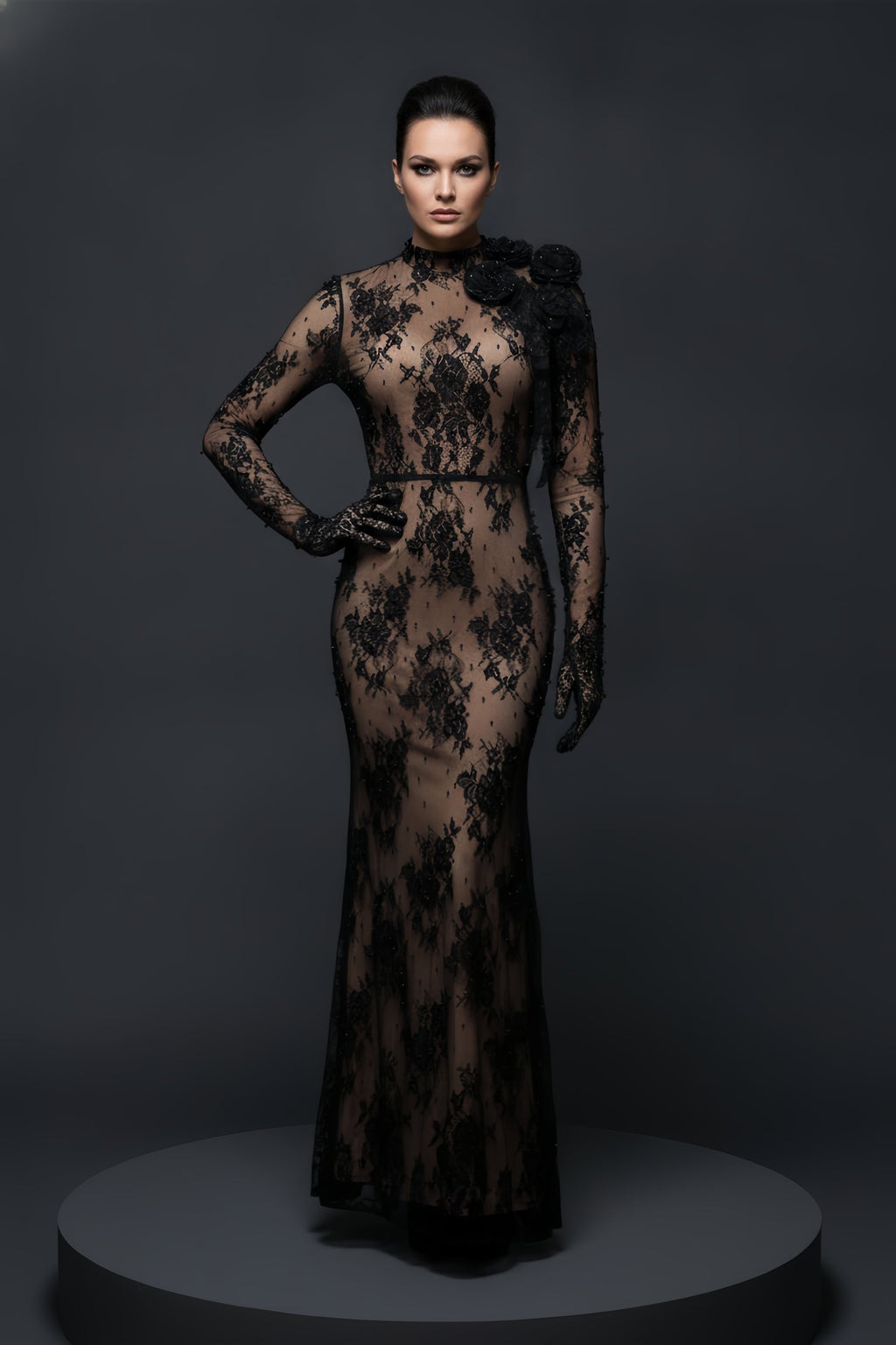 Sheer Lace Illusion Gown with Rosette Shoulder and Open Back