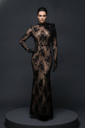 Sheer Lace Illusion Gown with Rosette Shoulder and Open Back