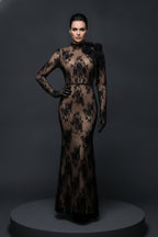 Sheer Lace Illusion Gown with Rosette Shoulder and Open Back