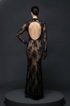 Sheer Lace Illusion Gown with Rosette Shoulder and Open Back