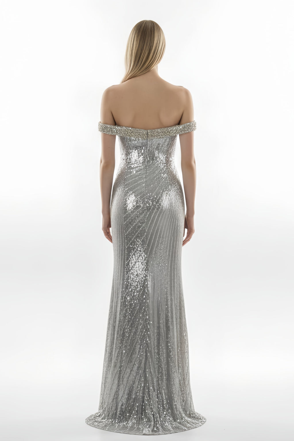 Off-the-Shoulder Sequin Mermaid Gown with Beaded Trim