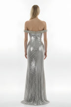 Off-the-Shoulder Sequin Mermaid Gown with Beaded Trim