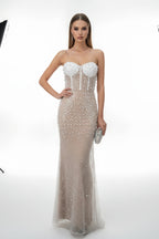 Strapless Corset Bodice Pearl Embellished Mermaid Gown