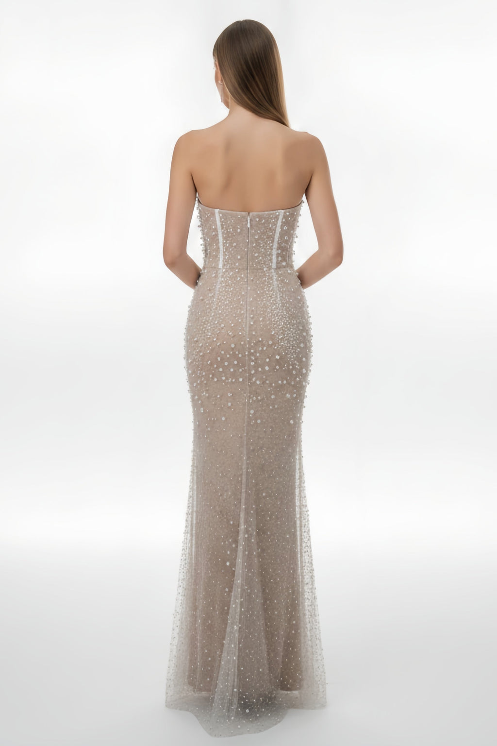 Strapless Corset Bodice Pearl Embellished Mermaid Gown