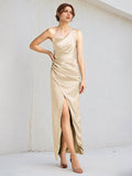 Champagne Satin Sheath/Column One Shoulder Sleeveless Floor Length Bridesmaid Dress