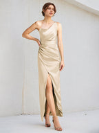Champagne Satin Sheath/Column One Shoulder Sleeveless Floor Length Bridesmaid Dress