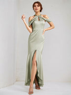 Sage Trumpet/Mermaid Satin Halter Neck Sleeveless Floor Length Bridesmaid Dresses