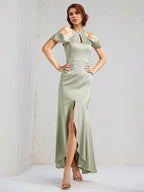 Sage Trumpet/Mermaid Satin Halter Neck Sleeveless Floor Length Bridesmaid Dresses