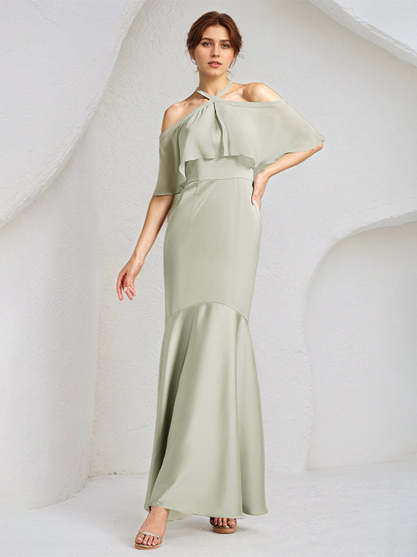 Vestidos de dama de honor largos hasta el suelo en gasa y satén salvia, corte trompeta/sirena, cuello halter y mangas cortas
