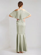 Vestidos de dama de honor largos hasta el suelo en gasa y satén salvia, corte trompeta/sirena, cuello halter y mangas cortas