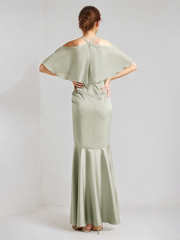 Vestidos de dama de honor largos hasta el suelo en gasa y satén salvia, corte trompeta/sirena, cuello halter y mangas cortas