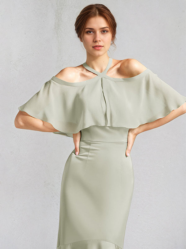 Vestidos de dama de honor largos hasta el suelo en gasa y satén salvia, corte trompeta/sirena, cuello halter y mangas cortas