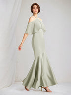 Vestidos de dama de honor largos hasta el suelo en gasa y satén salvia, corte trompeta/sirena, cuello halter y mangas cortas