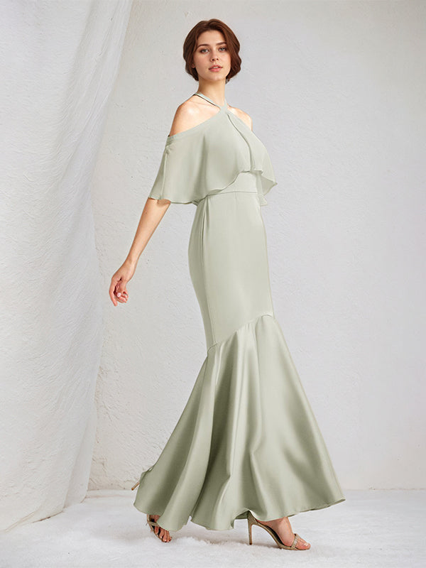 Vestidos de dama de honor largos hasta el suelo en gasa y satén salvia, corte trompeta/sirena, cuello halter y mangas cortas