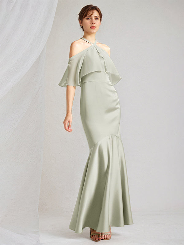 Vestidos de dama de honor largos hasta el suelo en gasa y satén salvia, corte trompeta/sirena, cuello halter y mangas cortas