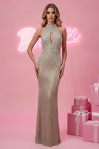 High Neck Halter Beaded Evening Gown with Keyhole and Back Slit