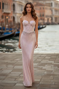 Strapless Corset Bodice Sequin Gown with Beaded Waist Detail