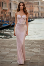 Strapless Corset Bodice Sequin Gown with Beaded Waist Detail