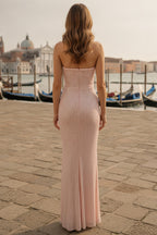 Strapless Corset Bodice Sequin Gown with Beaded Waist Detail