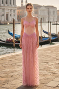 Spaghetti Strap Corset Bodice Floor Length Sequined Gown