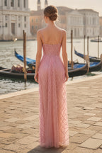 Spaghetti Strap Corset Bodice Floor Length Sequined Gown