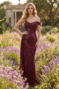 Off-the-Shoulder Sweetheart Sequined Sheath Gown with Slit