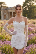 Allover Pearl Embellished Strapless Mini Dress with Gloves