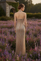 3D Rosette Halter Neckline Beaded Floor Length Sheath Gown