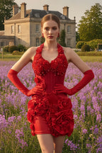 Floral Applique Halter Neck Corset Mini Dress with Gloves