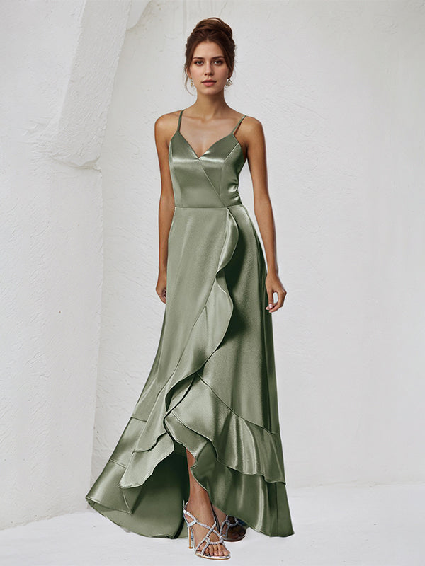 A Line Satin Spaghetti Straps Sleeveless Asymmetrical Bridesmaid Dresses With Ruffles