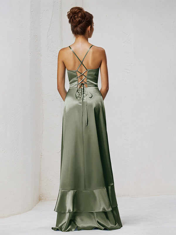 A Line Satin Spaghetti Straps Sleeveless Asymmetrical Bridesmaid Dresses With Ruffles