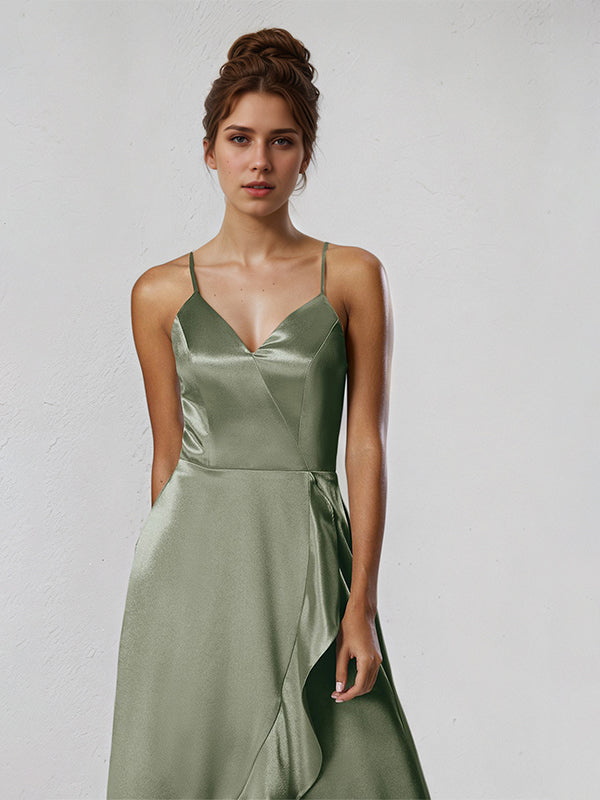 A Line Satin Spaghetti Straps Sleeveless Asymmetrical Bridesmaid Dresses With Ruffles
