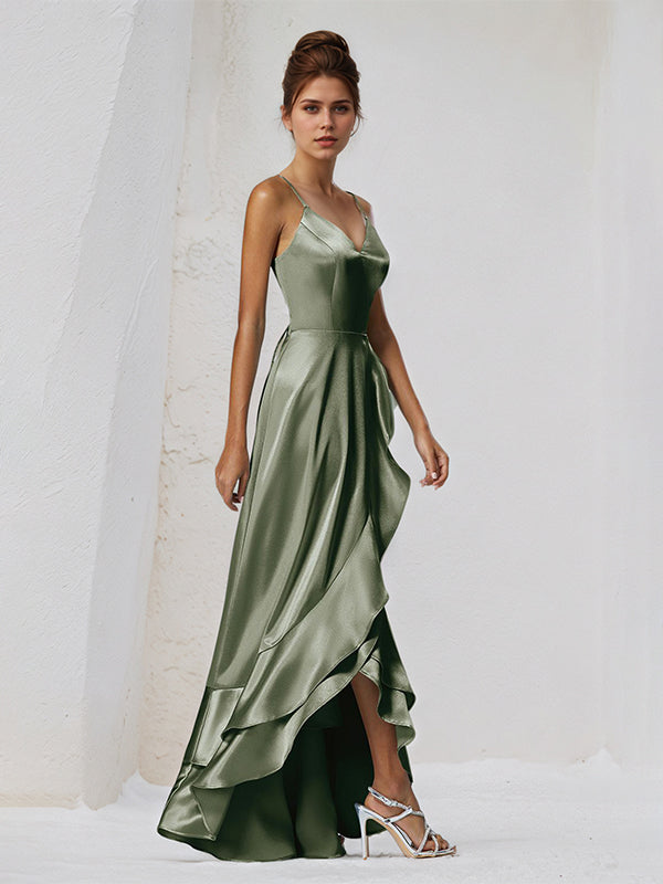 A Line Satin Spaghetti Straps Sleeveless Asymmetrical Bridesmaid Dresses With Ruffles