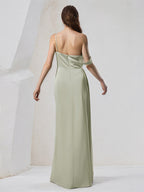 Sage Green Satin Sheath/Column One Shoulder Sleeveless Floor Length Bridesmaid Dress