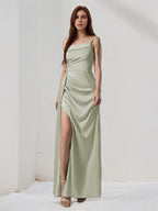 Sage Green Satin Sheath/Column One Shoulder Sleeveless Floor Length Bridesmaid Dress