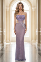 Strapless Shimmer Gown with Side Cutout and Floral Appliques