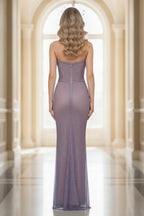 Strapless Shimmer Gown with Side Cutout and Floral Appliques