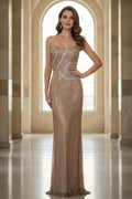 Strapless Geometric Sequin and Bead Embellished Evening Gown