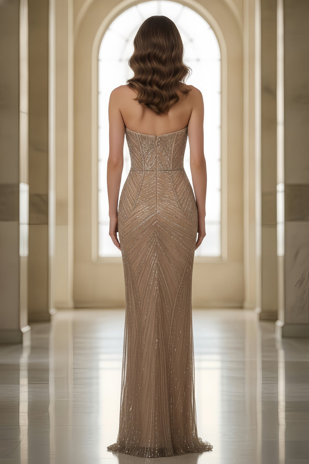 Strapless Geometric Sequin and Bead Embellished Evening Gown