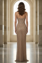 Strapless Geometric Sequin and Bead Embellished Evening Gown
