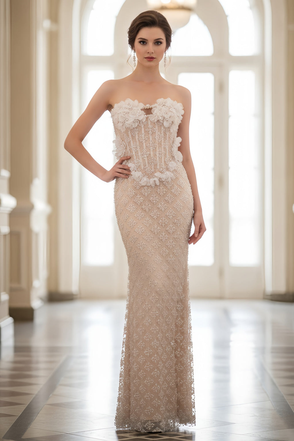 Strapless Floral Corset Bodice Beaded Floor Length Evening Gown