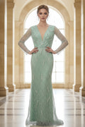 Intricate Beaded V-Neck Long-Sleeve Column Evening Gown