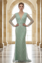 Intricate Beaded V-Neck Long-Sleeve Column Evening Gown