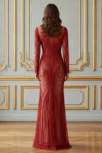 Illusion Neckline Long Sleeve Beaded Gown with Sculptural Detail