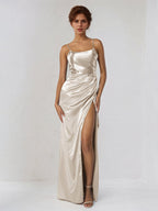 Sand Satin Sheath/Column Spaghetti Straps Sleeveless Floor Length Bridesmaid Dress