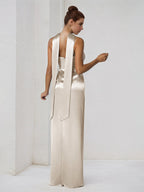 Sand Satin Sheath/Column Spaghetti Straps Sleeveless Floor Length Bridesmaid Dress