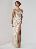 Sand Satin Sheath/Column Spaghetti Straps Sleeveless Floor Length Bridesmaid Dress
